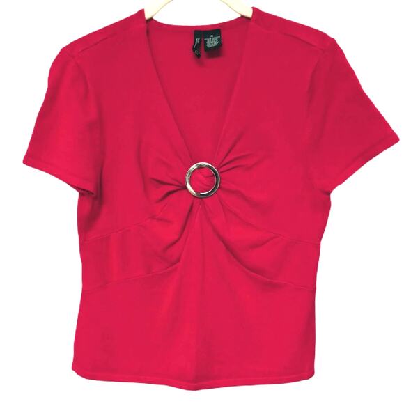 Womens Teen Red Top V Neck Top Metal Accent Buckle Gathered Front T Shirt PL - Picture 11 of 13